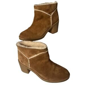 UGG Kasen Ankle Boots Womens 6.5 Tan Suede Leather Shearling Lined 3" Block Heel